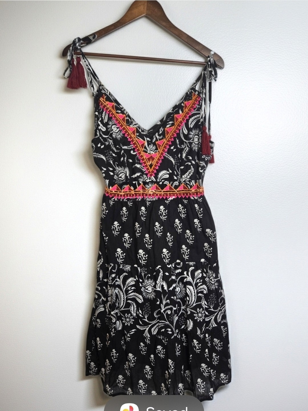 Tribal Black Floral Embroidered Tiered Dress Neon V-Neck Boho Tassel Cami Min XS